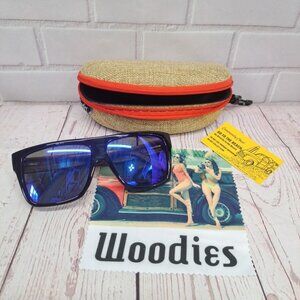 Woodies Sunglasses See You At The Beach Square Shades Blue Lens, Wood + Case